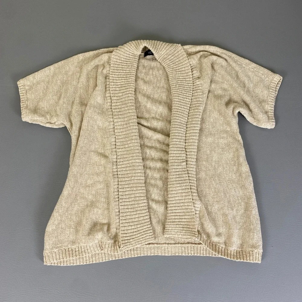VERVE Cardigan Sweater Women's 1X Beige Metallic Knit Short Sleeve Open Front‎